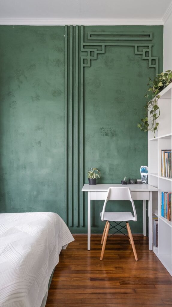 A textured green accent wall in a bedroom features geometric relief patterns that extend vertically and horizontally, serving as an artistic focal point beside a white desk.