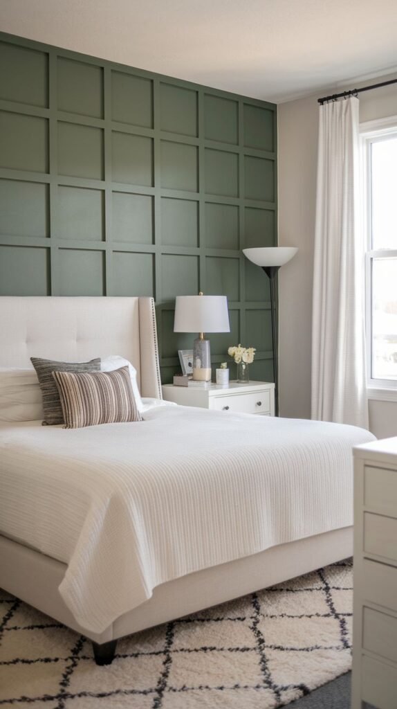 A paneled warm green accent wall adds architectural detail and depth to a bedroom, complemented by a light-colored upholstered bed and a patterned rug.