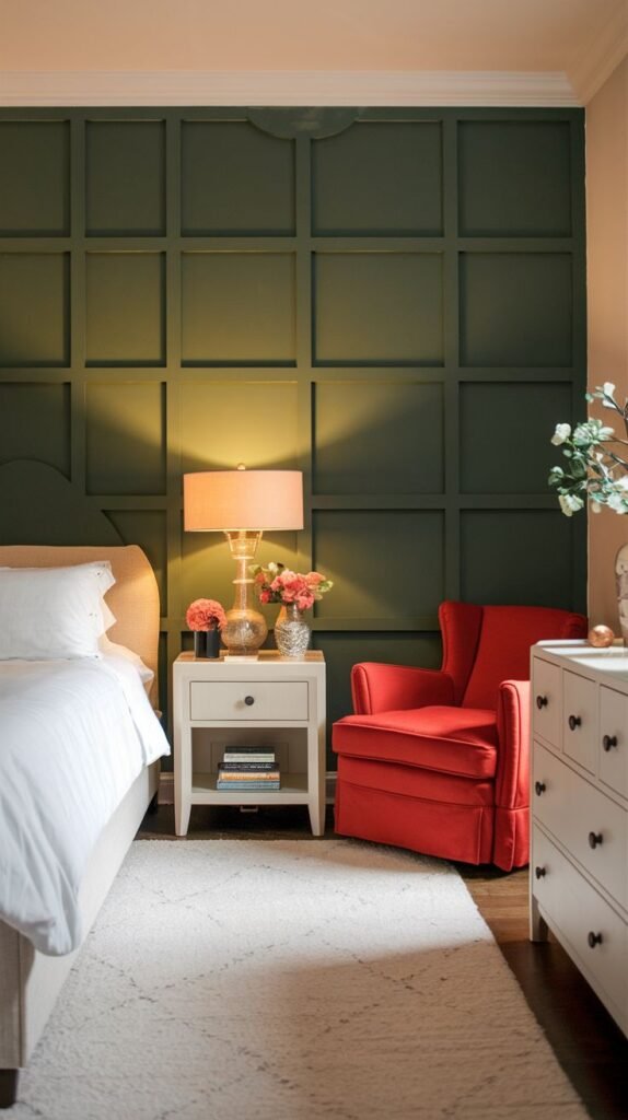 A dark green paneled accent wall adds classic sophistication to this bedroom, featuring a vibrant red armchair that provides a striking pop of color.