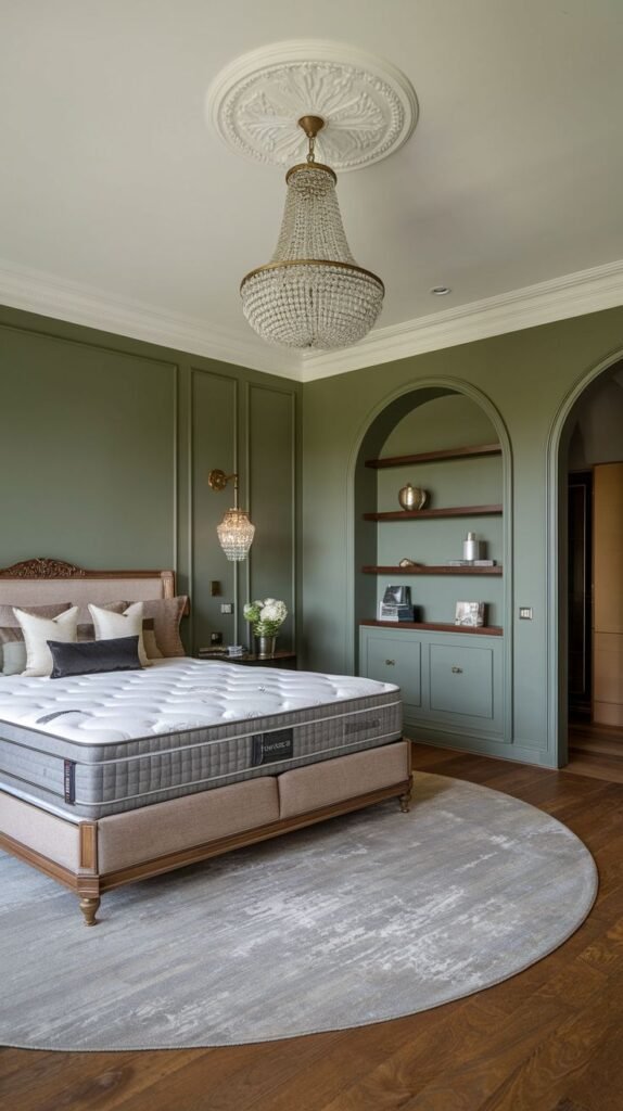 A warm olive green accent wall in a traditional bedroom features classic wall paneling and an integrated built-in arched shelving unit, complementing a luxurious bed and round rug.