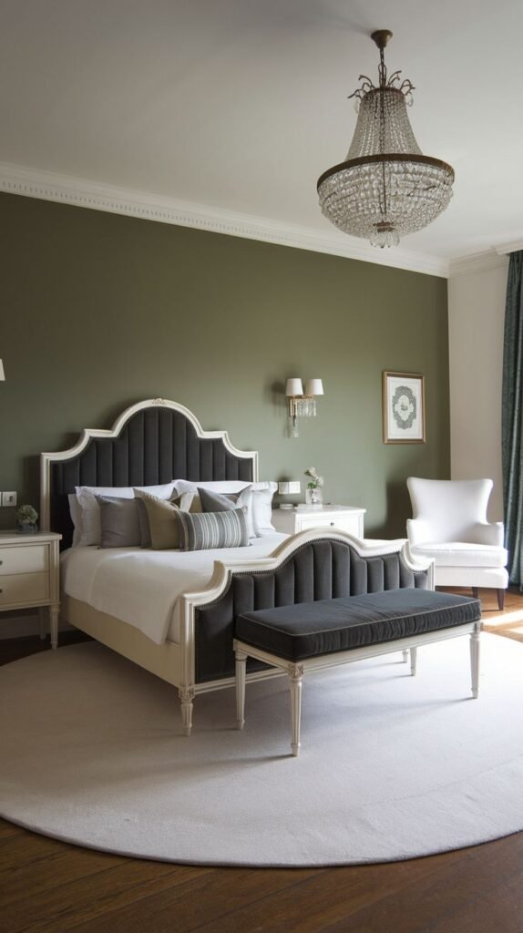 A muted olive green accent wall acts as a sophisticated backdrop in this traditional warm bedroom, featuring a classic chandelier, a grand upholstered bed, and a round rug.