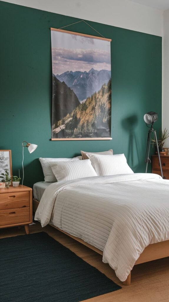 A deep green accent wall in this warm bedroom serves as a natural backdrop for a large landscape poster, creating a cozy, rustic feel with wooden nightstands and white bedding.