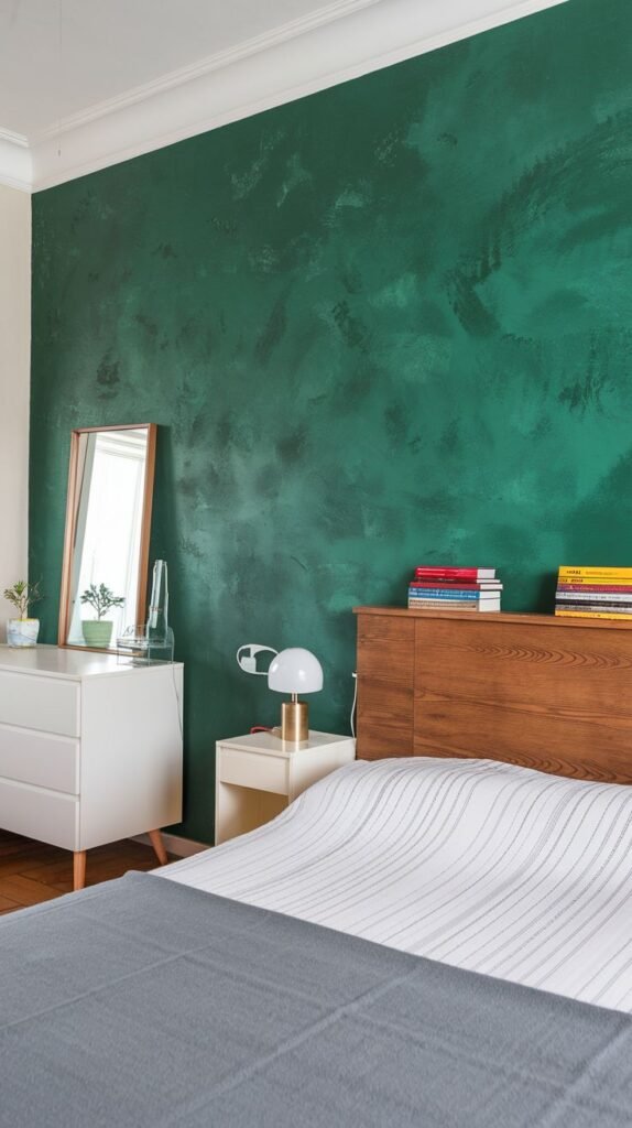 A deep, richly textured green accent wall provides a tactile and sophisticated backdrop in this warm bedroom, complemented by a wooden headboard and white dresser.