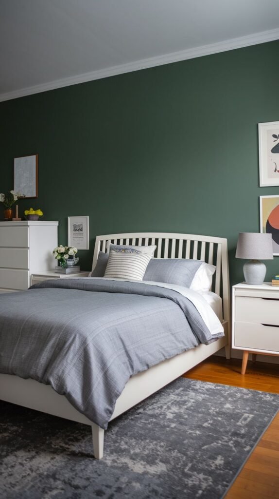 A solid dark green accent wall creates a sophisticated and grounding atmosphere in this bedroom, paired with a white bed, grey bedding, and white furniture.