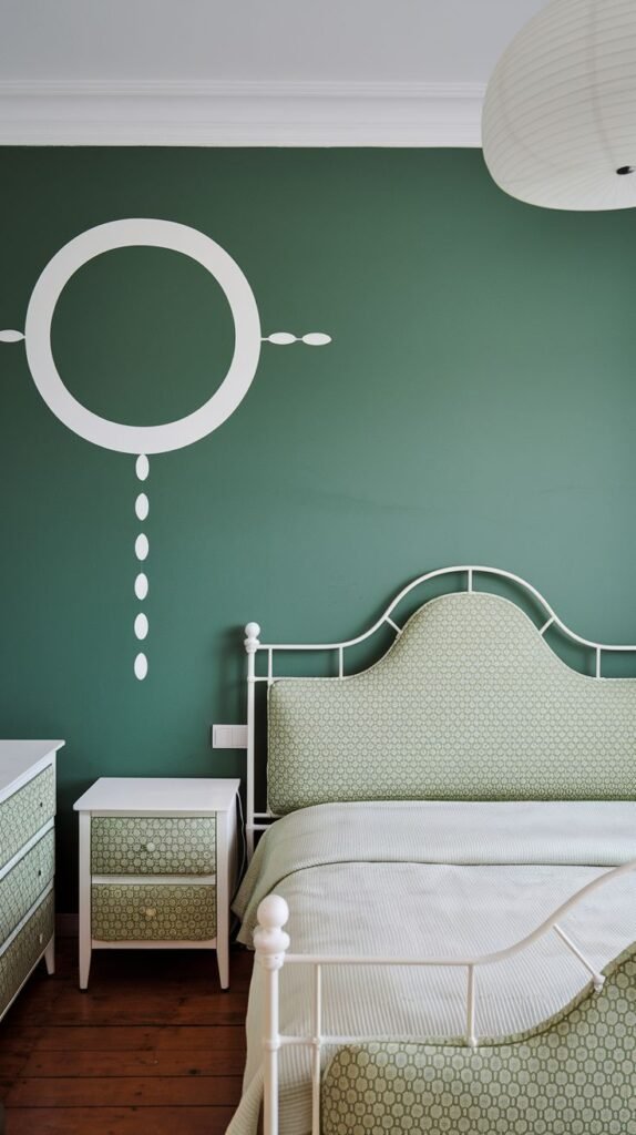 A vibrant green accent wall in a bedroom is decorated with a large white circular abstract art piece and small hanging elements, set behind a bed with a patterned green headboard.