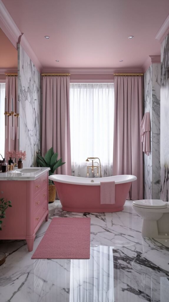 A warm pink bathroom with pink walls, ceiling, and vanity, offset by marble-patterned walls and floor. A pink freestanding bathtub with brass fixtures is central, flanked by sheer white curtains.