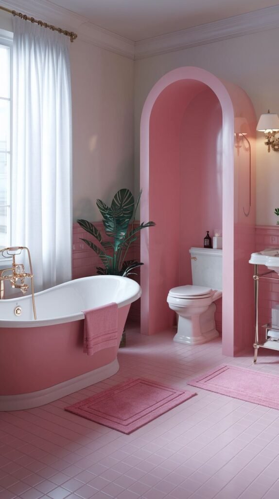 A warm pink bathroom with pink tiled walls and floor. A pink freestanding bathtub and a white toilet are situated within a pink arched alcove, along with a white sink with a metal stand.