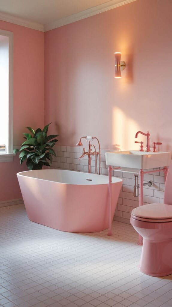 A modern and warm pink bathroom with smooth pink walls. It features a pink freestanding bathtub, a white sink with pink support legs, and a pink toilet, contrasting with white tiled flooring.