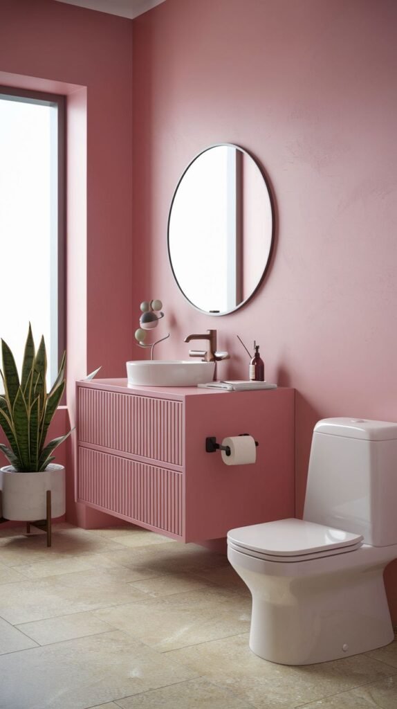 A contemporary and warm pink bathroom with solid pink walls. A pink floating vanity with a white circular basin, a white toilet, and light beige floor tiles are visible.