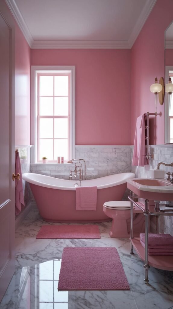 A warm pink bathroom with pink walls and white marble wainscoting. A pink exterior clawfoot bathtub, a pink toilet, and a pink sink with a chrome stand are placed on a marble-patterned floor.