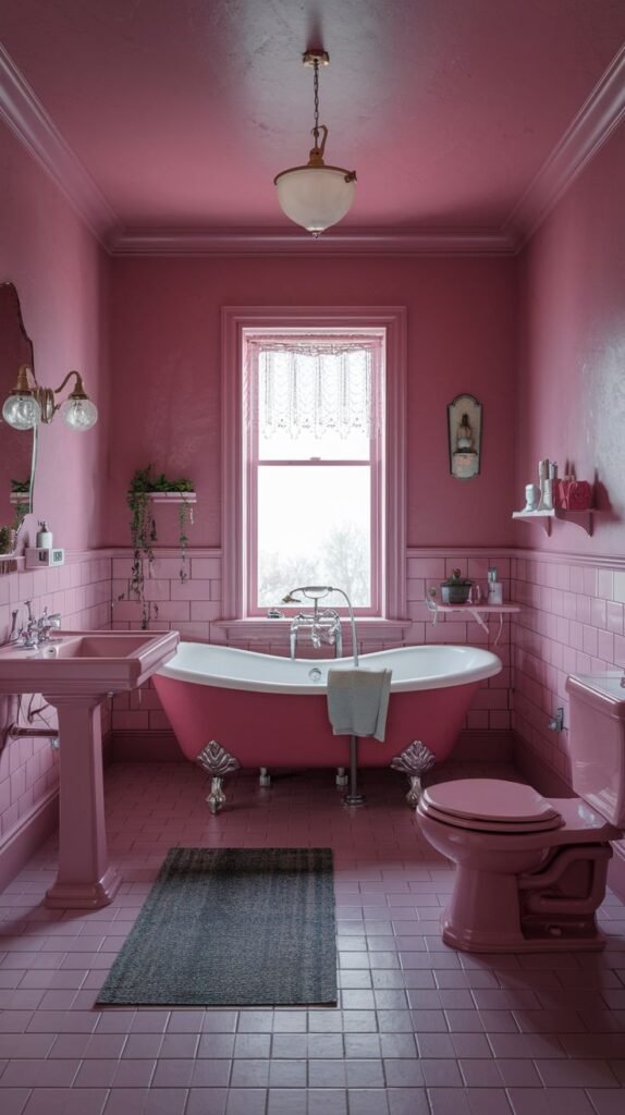 A traditional and warm pink bathroom featuring pink tiled walls and floor. It has a pink clawfoot bathtub, a pink pedestal sink, and a pink toilet, with a lace curtain on the window.