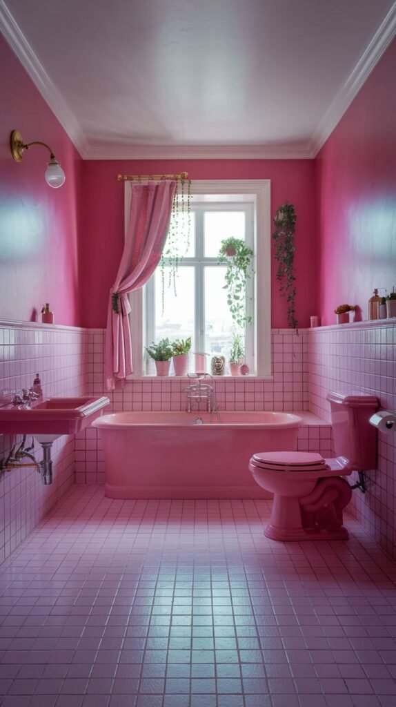 A vibrant and warm pink bathroom with bright pink walls and pink tiled flooring. It includes a pink built-in bathtub, a pink pedestal sink, and a pink toilet, decorated with hanging plants.