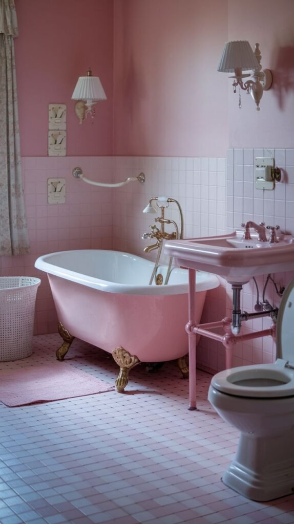 A warm pink bathroom with light pink walls and pink and white checkered floor tiles. A pink clawfoot bathtub, a pink sink with a metal stand, and a white toilet are key elements.