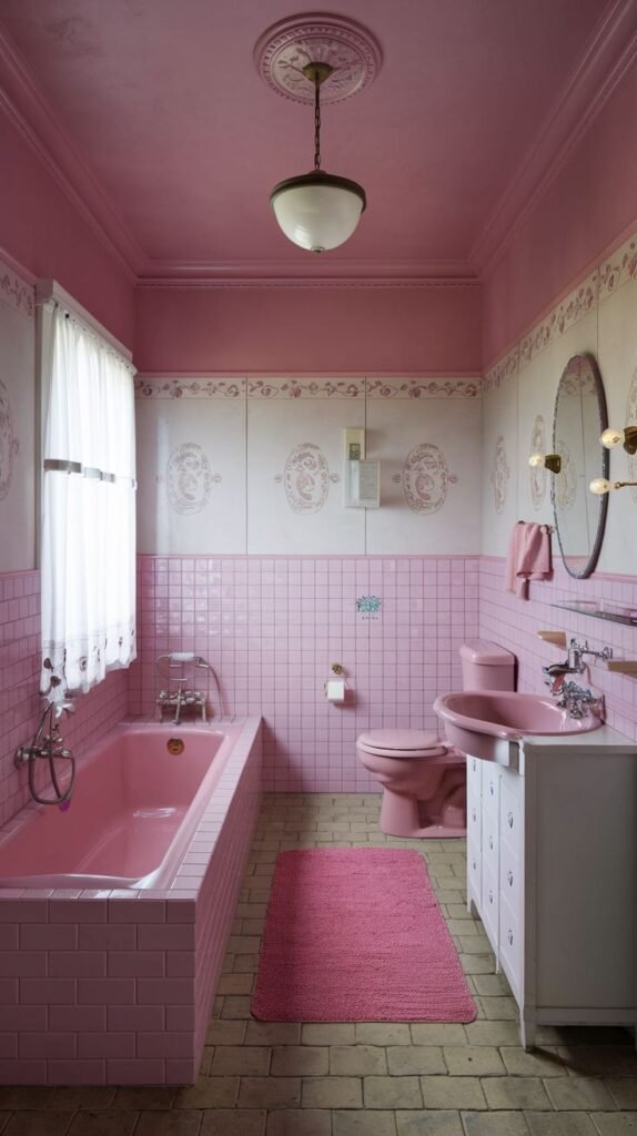 A warm pink bathroom featuring a pink built-in bathtub, a pink toilet, and a pink sink, against a backdrop of pink tiled walls and ceiling with decorative white paneling.
