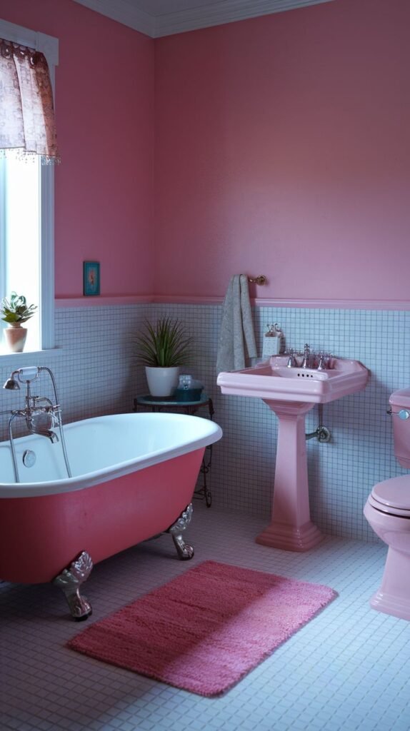 A warm pink bathroom with pink walls and small white and light blue tiled flooring. It includes a pink clawfoot bathtub, a pink pedestal sink, and a pink toilet.