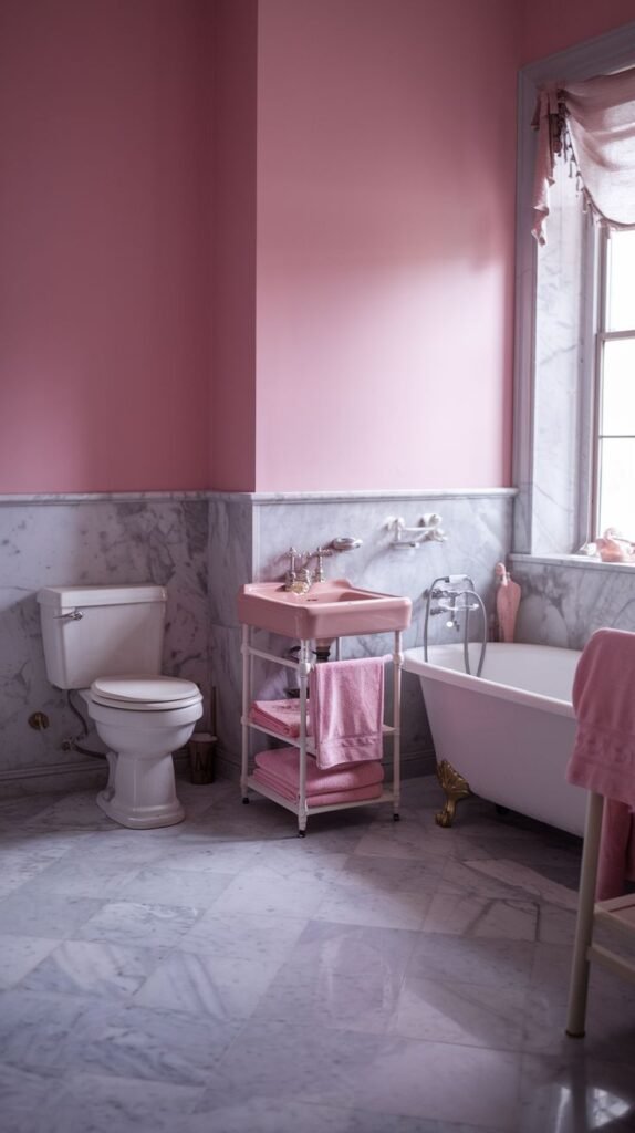 A warm pink bathroom space with solid pink walls above marble wainscoting and a marble floor. It contains a white freestanding bathtub, a white toilet, and a pink rolling cart with a basin.
