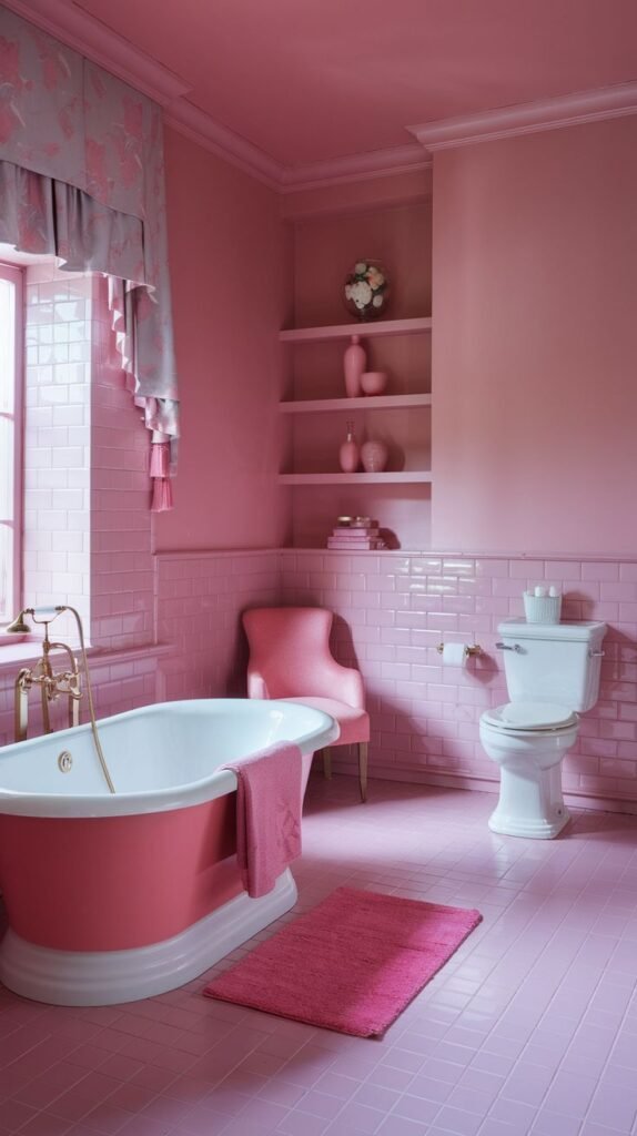 A warm pink bathroom featuring pink tiled walls and floor, with a pink exterior bathtub and a white toilet. A pink accent chair and built-in shelves are also visible.
