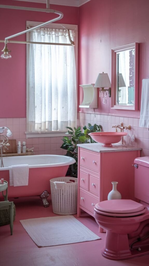 A cheerful and warm pink bathroom with pink walls and pink tiled flooring. It features a pink bathtub with claw feet, a pink vanity with a pink basin, and a matching pink toilet.