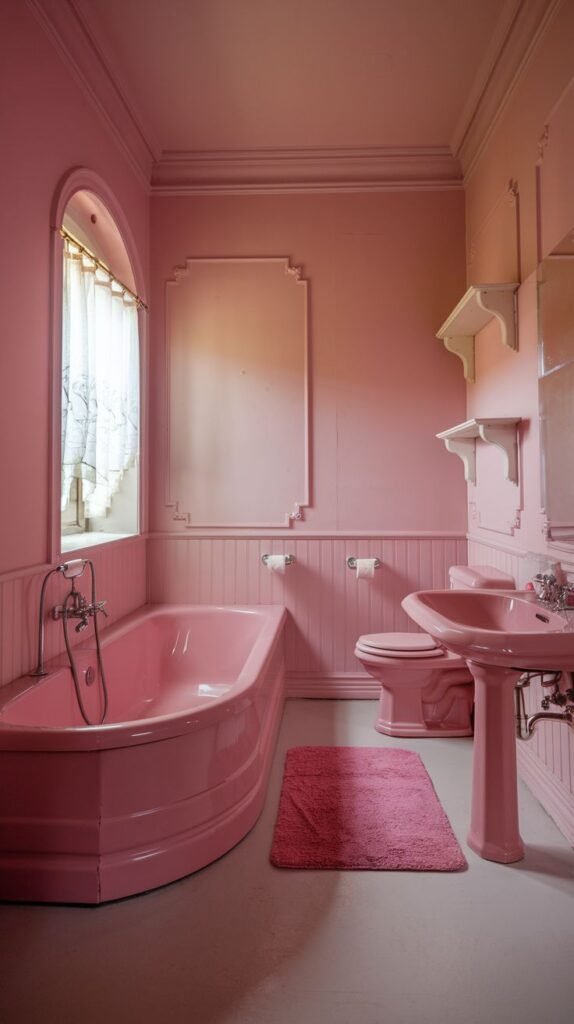 A classic and warm pink bathroom with pink wainscoting and smooth pink walls. A pink built-in bathtub, a pink pedestal sink, and a pink toilet are arranged on a light pink floor.