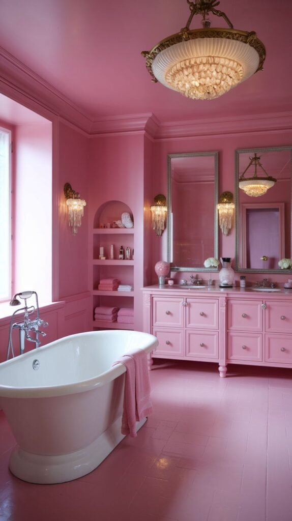 An opulent and warm pink bathroom decorated entirely in pink for both walls and floor. A white freestanding bathtub, two large pink vanities, and ornate chandeliers illuminate the space.