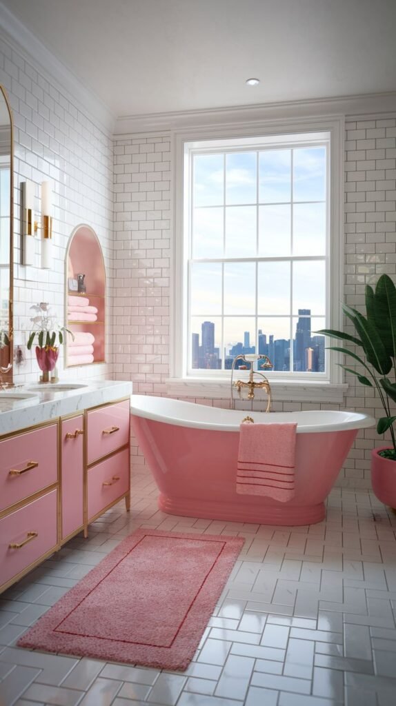A modern and warm pink bathroom with a pink exterior freestanding bathtub and pink vanities with white countertops. White subway tile walls and a large window offering a cityscape view complete the look.