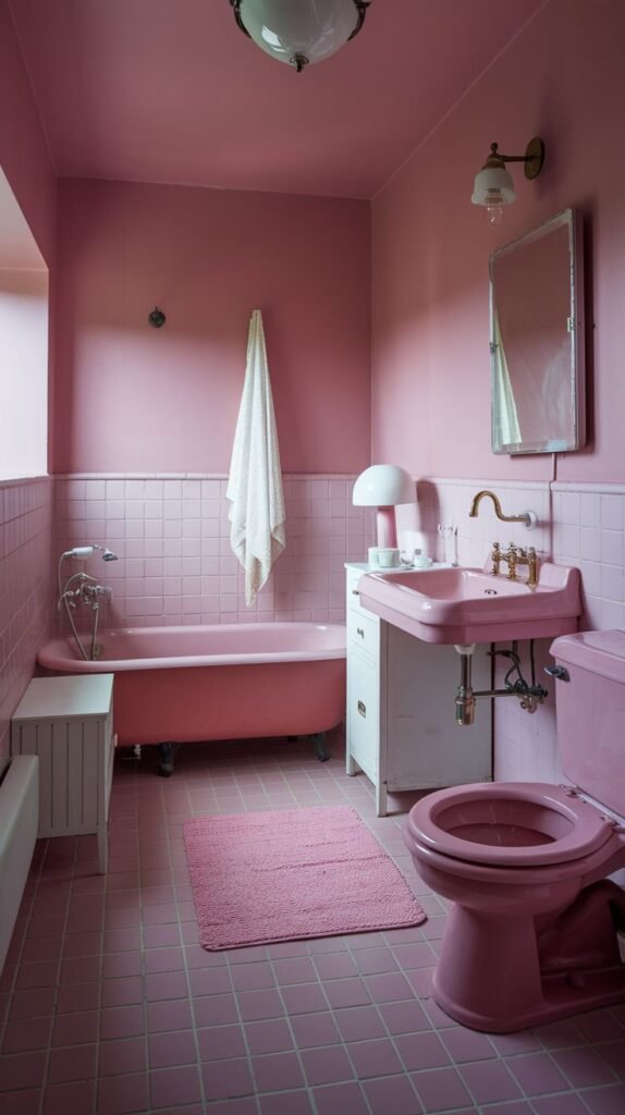 A simple and warm pink bathroom with pink walls and pink tiled flooring. It features a pink built-in bathtub, a pink sink with a white cabinet, and a pink toilet.