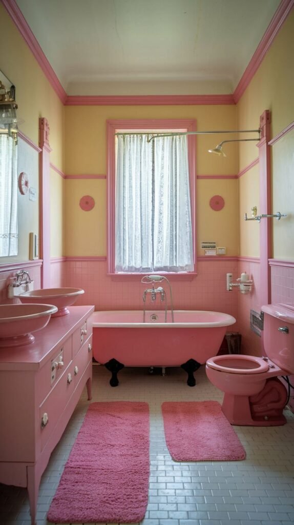 A colorful and warm pink bathroom with alternating pink and yellow walls. It includes a pink clawfoot bathtub, two pink sinks integrated into a pink vanity, and a pink toilet, on a white tiled floor.