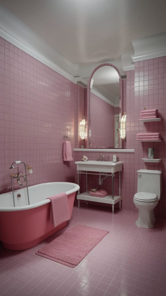 A spacious and warm pink bathroom with pink tiled walls and floor. It features a pink freestanding bathtub, a white toilet, and a white sink with a chrome stand.