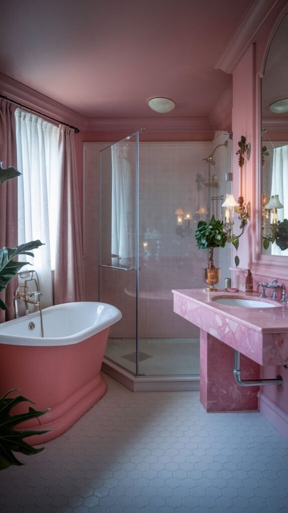 A luxurious and warm pink bathroom with pink walls, a pink freestanding bathtub, a glass-enclosed shower, and a pink marble vanity, all on hexagonal tiled flooring.