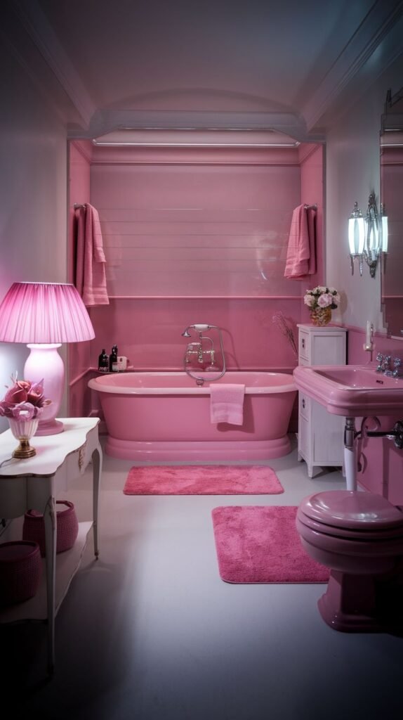 A cozy and warm pink bathroom with pink walls and wainscoting. It features a pink built-in bathtub, a pink pedestal sink, and a pink toilet, with pink bath mats on a light floor.