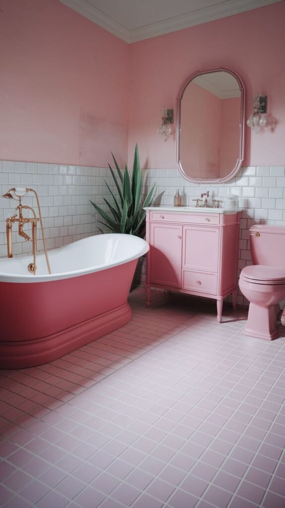 A warm pink bathroom with a pink bathtub, a pink vanity, and a pink toilet. The walls feature white subway tile halfway up, and the floor is a light pink tile.