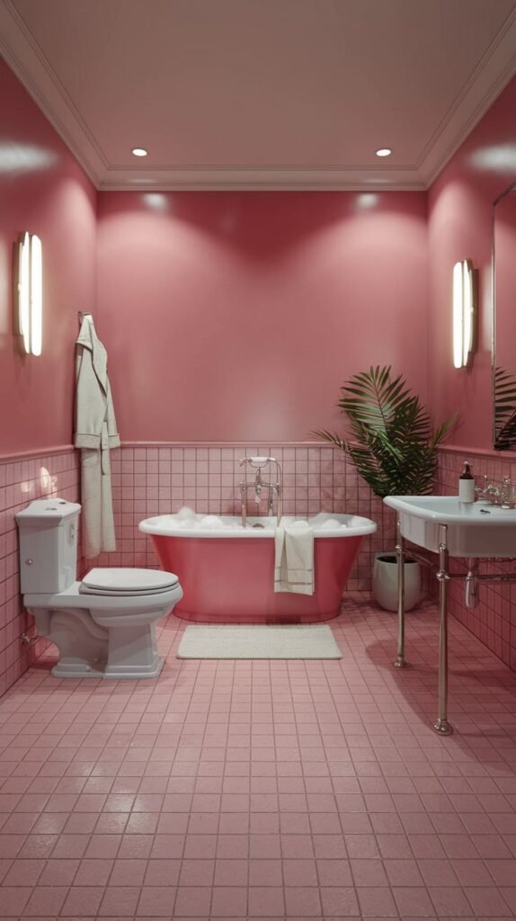 A warm pink bathroom with dark pink walls and light pink tiled flooring. It includes a pink freestanding bathtub, a white toilet, and a white sink with a chrome stand.