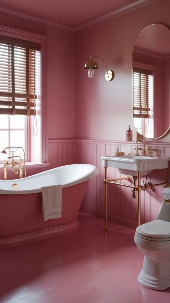 A warm pink bathroom showcasing pink wainscoting and a matching pink floor. A pink freestanding bathtub with brass fixtures, a white sink with a brass stand, and a white toilet are prominent features.