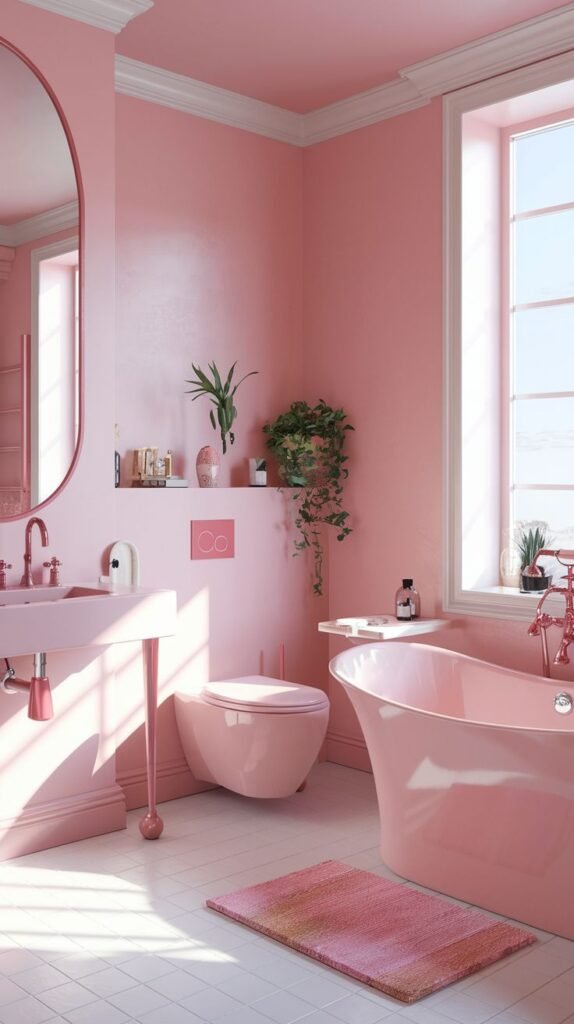 A bright and warm pink bathroom with an overall pink aesthetic. It features a pink freestanding bathtub, a wall-mounted pink toilet, and a pink sink, all against pink walls and a white tiled floor.