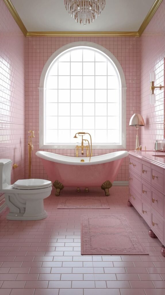A grand and warm pink bathroom with pink tiled walls and floor. A large arched window is centered over a pink clawfoot bathtub with brass shell feet, beside a large pink vanity.