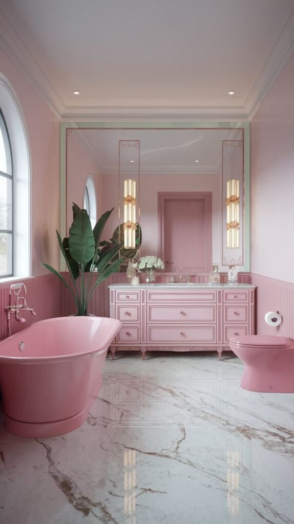 A spacious and warm pink bathroom featuring pink wainscoting and light pink walls. A large mirror reflects the room, which includes a pink freestanding bathtub and a matching pink toilet, all on a marble-patterned floor.