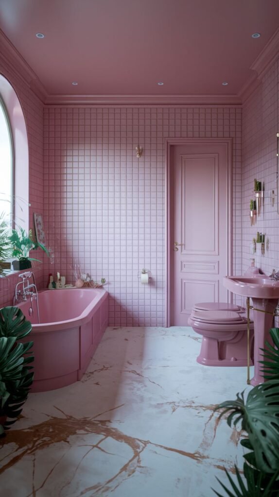 A warm pink bathroom with pink square tiled walls and a matching pink door. It contains a pink built-in bathtub, a pink toilet, and a pink pedestal sink, with a marble-patterned floor.