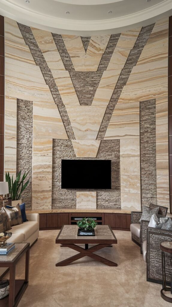 Contemporary media wall featuring a flat-screen TV set against a dramatic geometric pattern created by diagonally cut, horizontally striated light stone slabs layered over a darker, textured stone veneer.