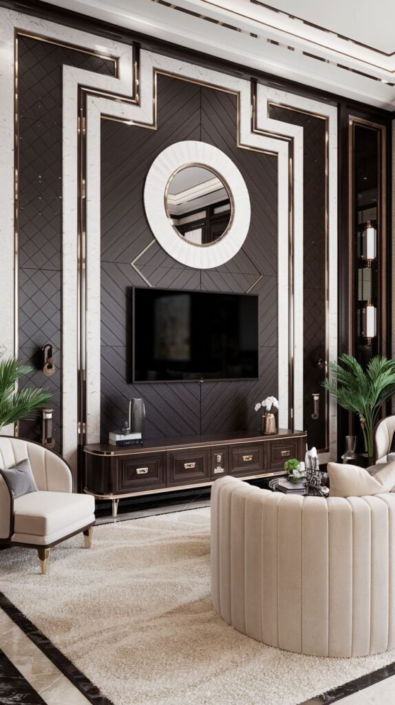 Art Deco inspired media wall featuring dark, textured panels arranged in a diagonal pattern, outlined with gold and white geometric shapes, and a round white mirror mounted above the television.