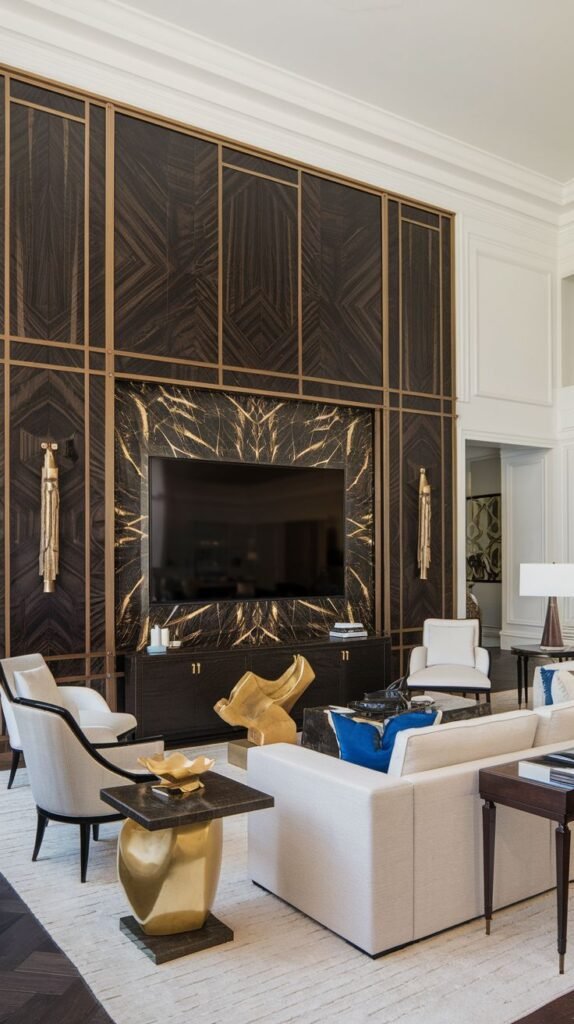 Grand living space with a floor-to-ceiling dark wood wall, featuring a chevron or geometric wood pattern in the upper section and a contrasting black and gold veined marble panel behind the mounted TV and console.