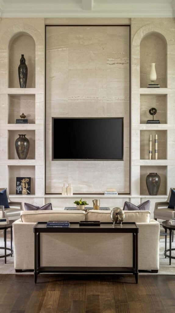 Symmetrical media center featuring a light beige, horizontally striated slab stone panel for the TV, flanked by integrated shelving within two tall, arched alcoves.