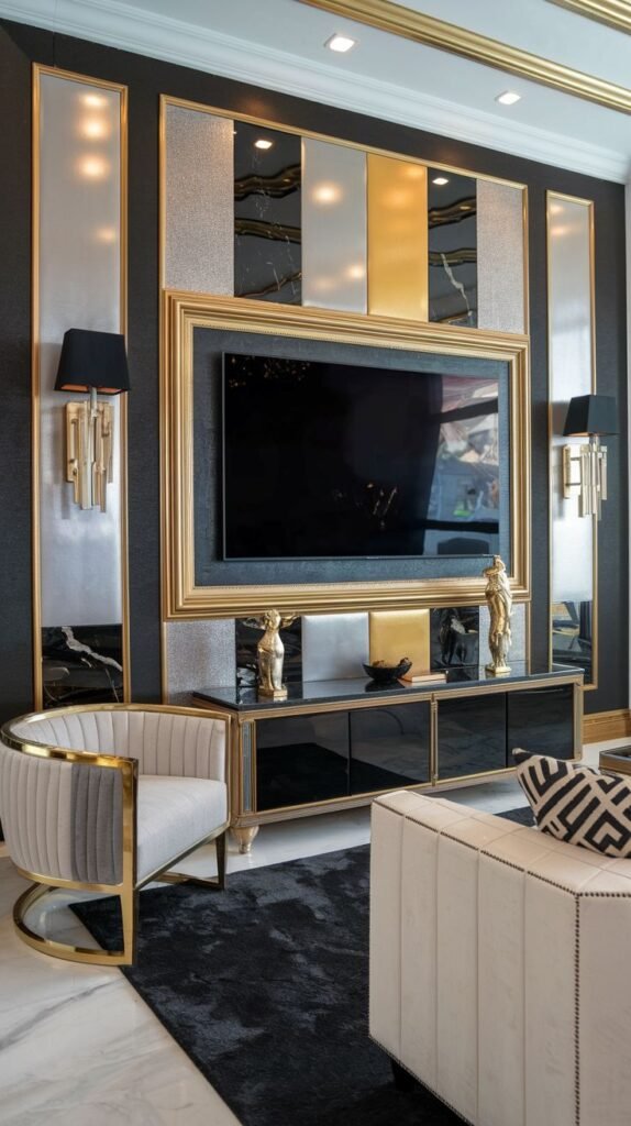 High-glamour media wall dominated by a TV set inside a heavy, decorative gold frame, mounted against a backdrop of vertical alternating panels: textured dark material, mirror, black marble, and reflective gold.