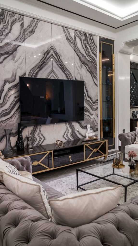 Living room featuring a striking accent wall of white marble slab with bold, thick, swirling grey and black natural veining, segmented vertically by subtle metallic strips.
