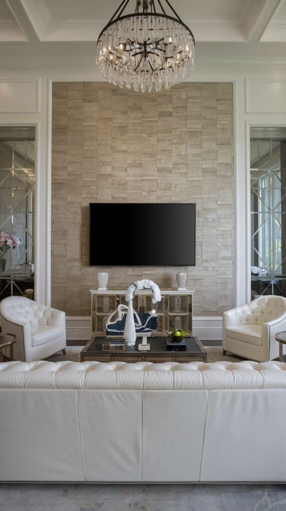 Classic living room design featuring a framed rectangular accent wall covered in small, textured, light beige or tan horizontal tiles behind the television.