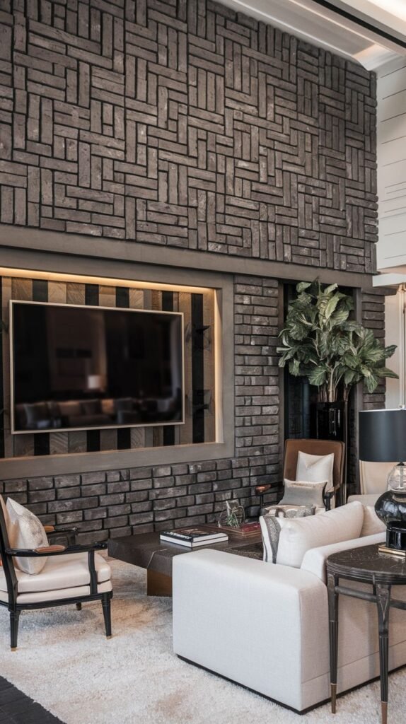 Rustic-modern media wall featuring a full-height coverage of dark grey or charcoal rectangular bricks/blocks laid in a complex, decorative interlocking pattern, framing a recessed TV area.