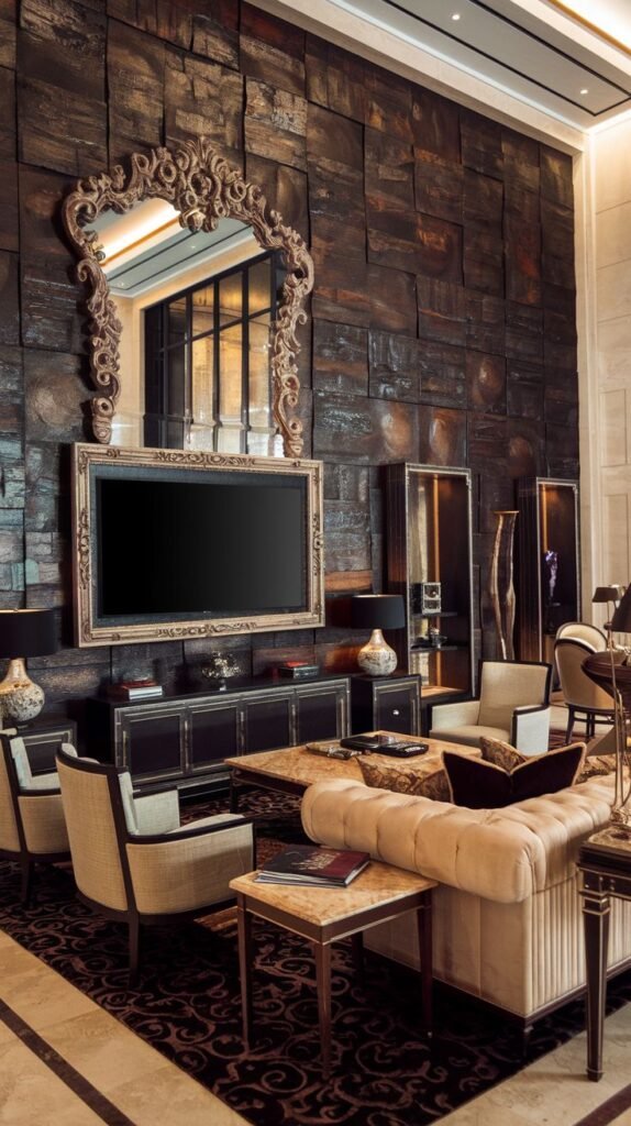 Dramatic, high-ceiling room with a feature wall covered in large, dark brown, dimensional wood blocks or panels, with the TV mounted beneath an ornate, carved wooden mirror frame.
