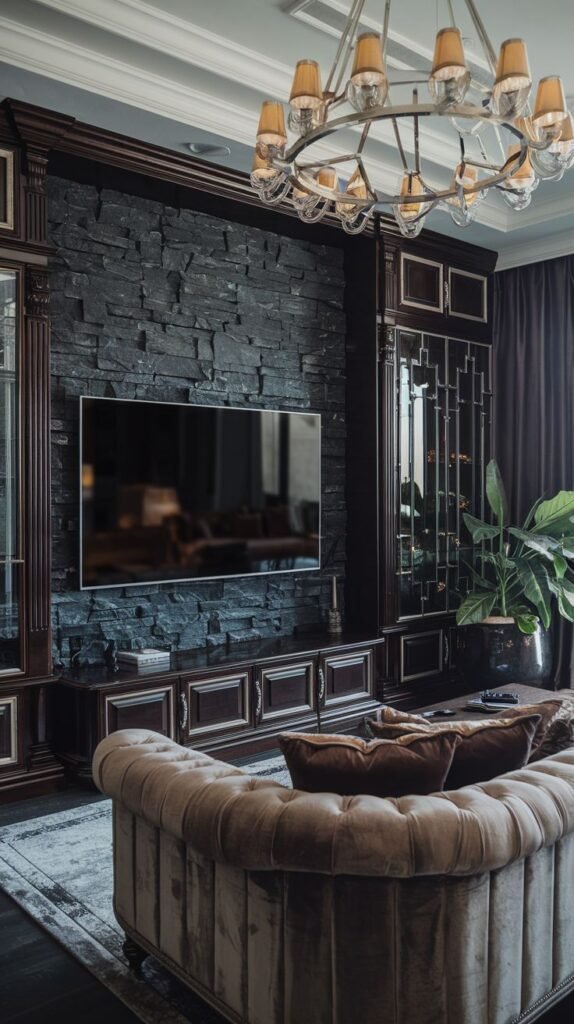 Traditional living room featuring dark, polished cabinetry surrounding a central accent area of rugged, irregularly stacked dark grey or black slate stone tiles.