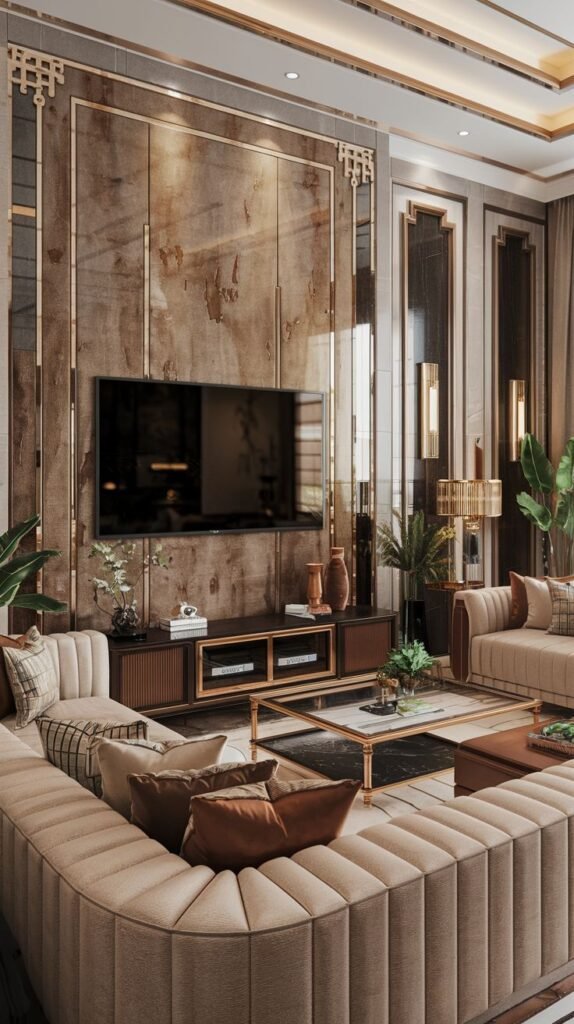 Contemporary living room featuring a vertical accent panel of warm, brown/bronze textured material, framed by gold trim and tall mirrored panels.