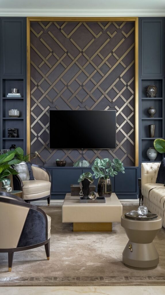 Elegant modern living room with a TV mounted on a dark charcoal panel overlaid with a dense, complex gold or bronze geometric lattice pattern, flanked by tall built-in bookshelves.