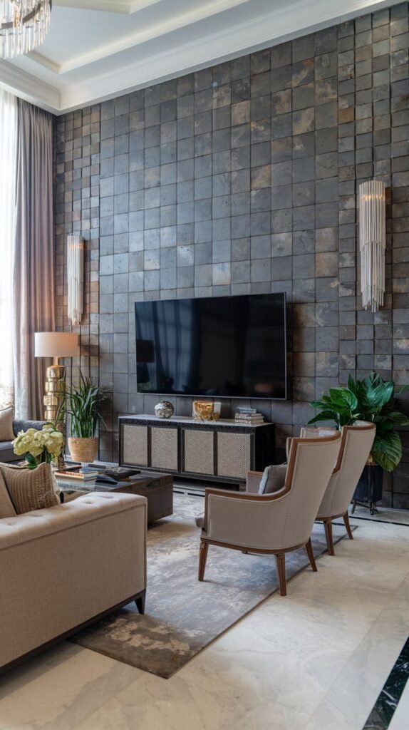 Modern living space featuring a floor-to-ceiling accent wall covered in uniformly sized, square, dimensional dark grey/black stone blocks or textured tiles.